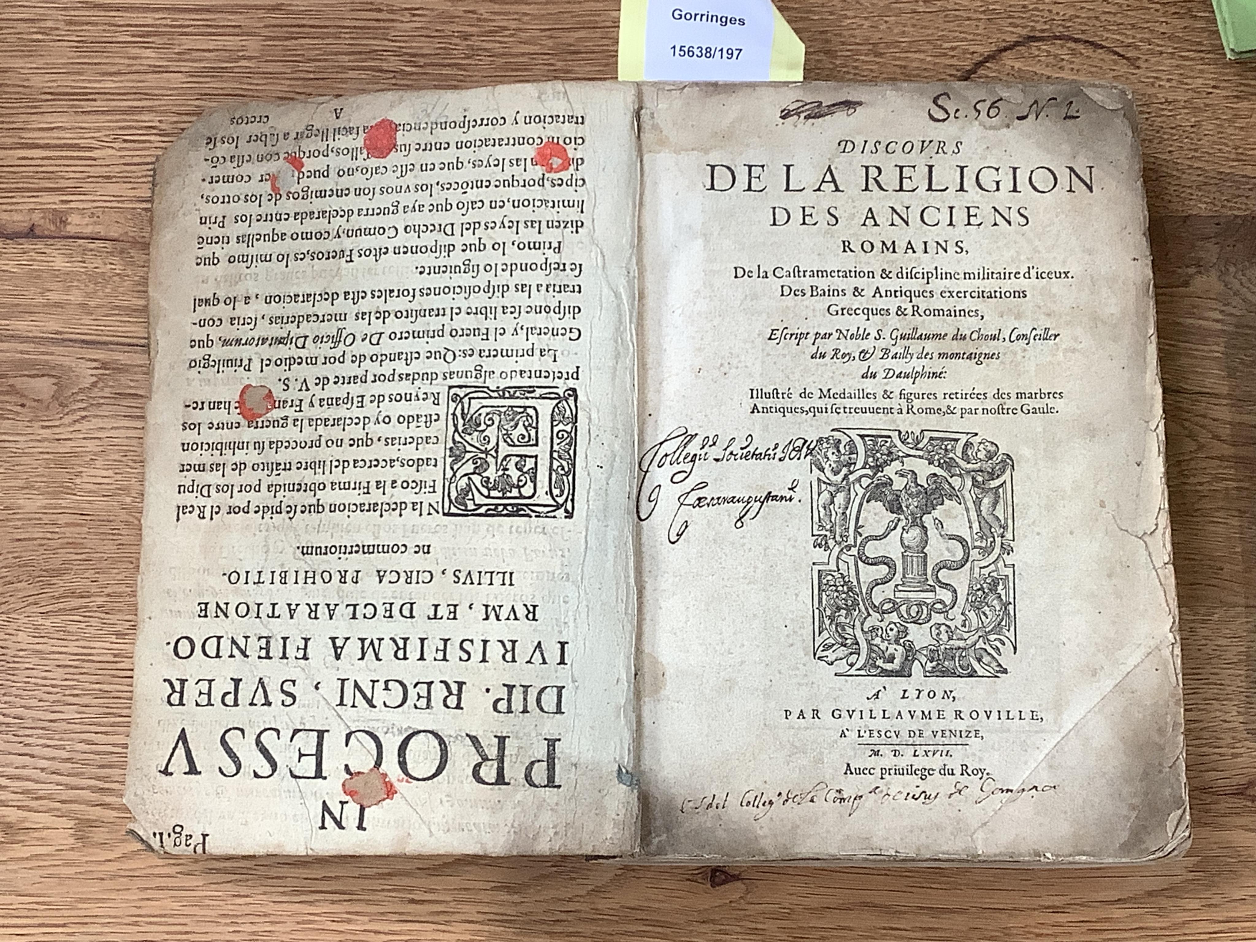 Du Choul, Guillaume. Discours de la religion des anciens Romains, de la castrametation et discipline militaire d'iceux, des bains et antiques exercitations grecques et romaines. Lyon, Guillaume Rouillé, 1567